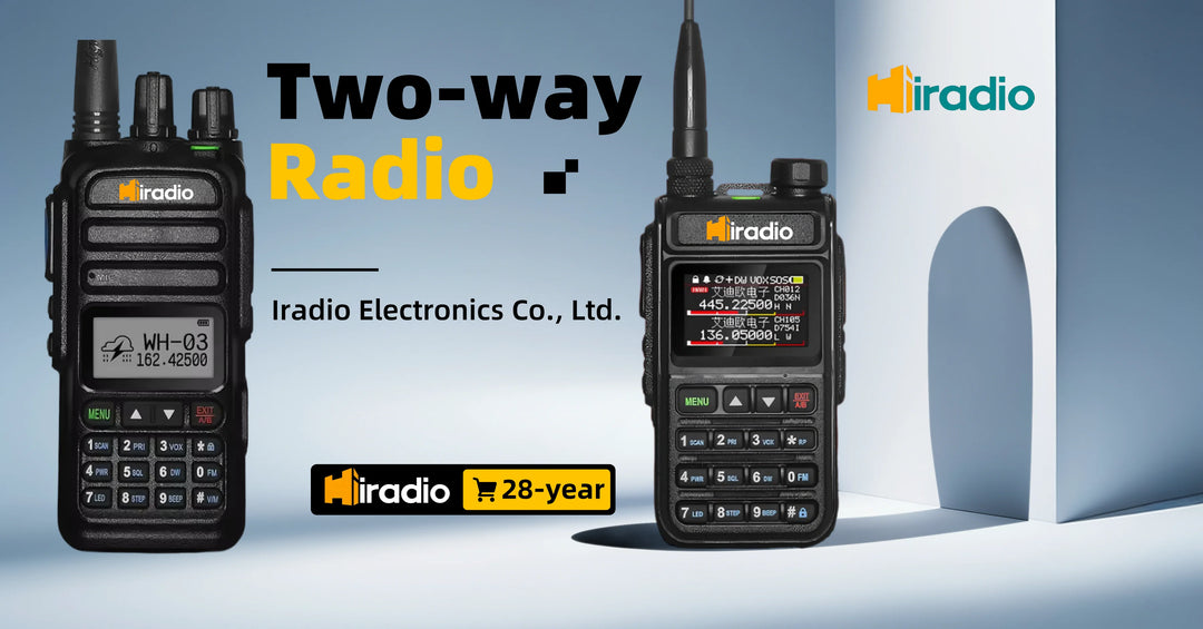 Two-way radios with Iradio branding on a light blue background