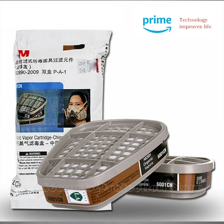 17-in-1 6200 Gas Mask Air filter and packaging with Amazon Prime logo on a white background