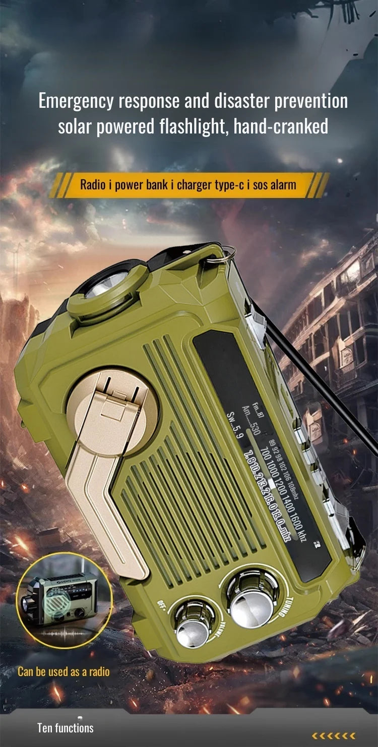 Multifunctional survival tool with flashlight, radio, and power bank features on a dark background.