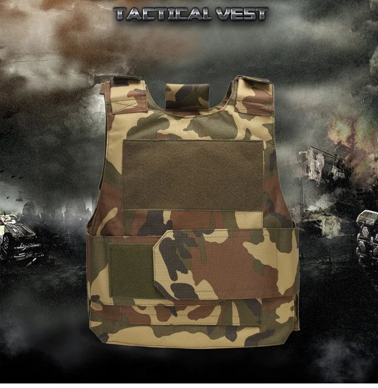 Camouflage tactical vest with 'Tactical Vest' branding on a dark, smoky background.