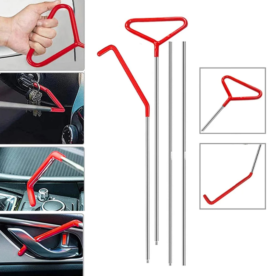 Red carabiner with multiple uses on a white background