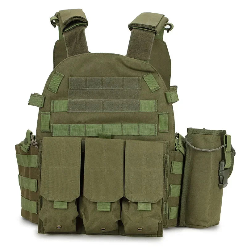 Green tactical vest with multiple pockets and straps on a white background