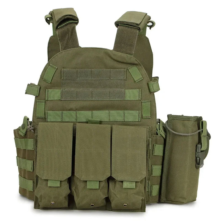 Green tactical vest with multiple pockets and straps on a white background