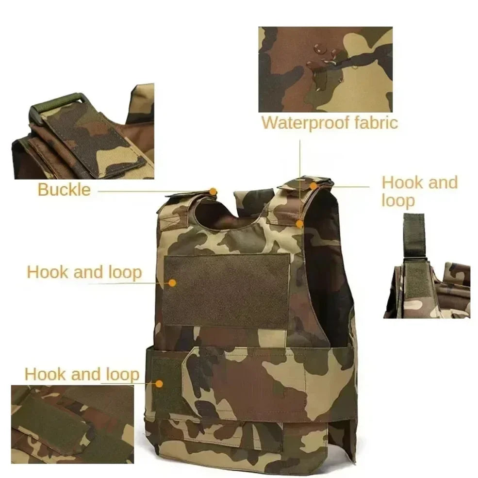 Camouflage tactical vest with labeled features on a white background