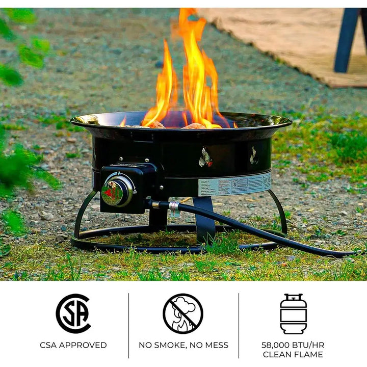 Propane campfire burner with flames on a grassy area, featuring CSA Approved, No Smoke, No Mess, and 58,000 BTU/HR Clean Flame icons.