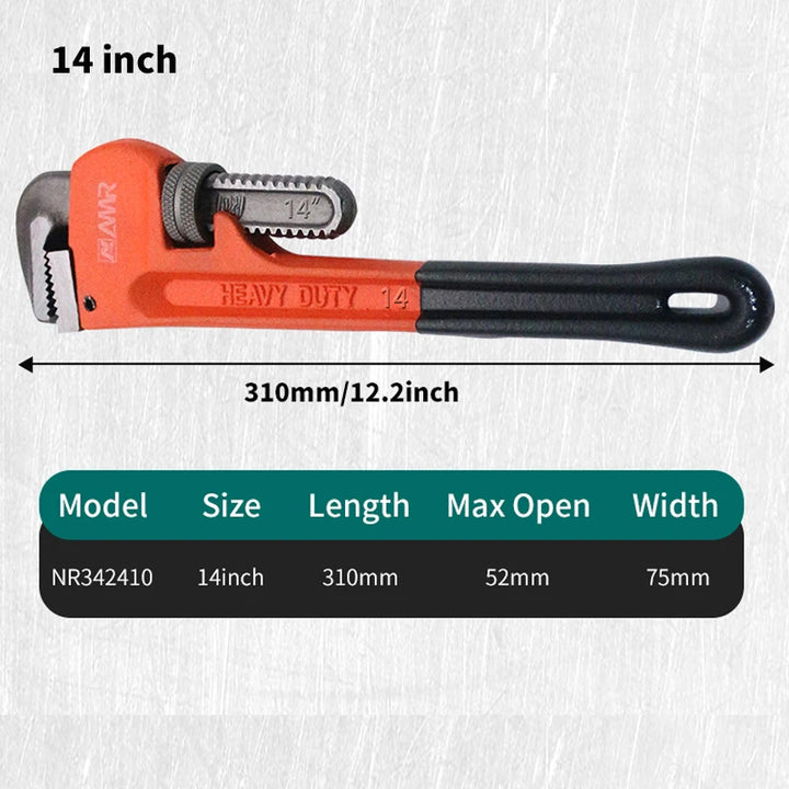 Heavy-duty pipe wrench with dimensions and specifications on a white background.