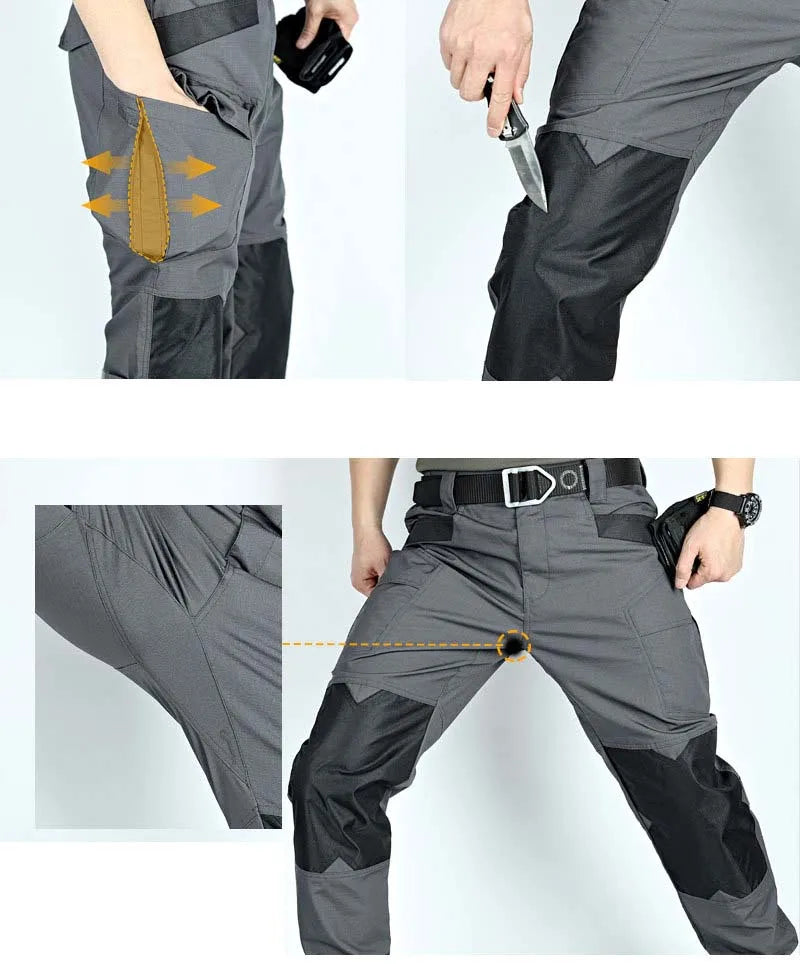 Gray and black pants with multiple views on a white background