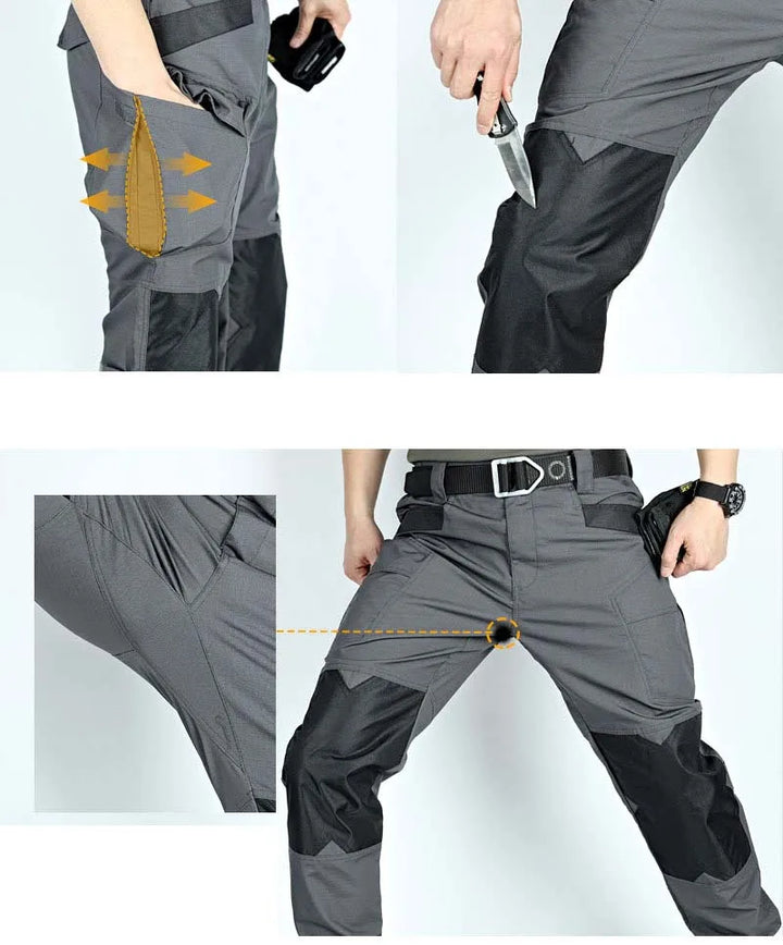Gray and black pants with multiple views on a white background