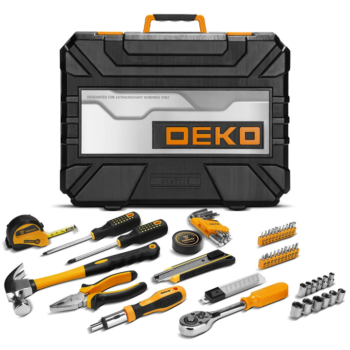 DEKO tool set with various tools and a black toolbox on a white background
