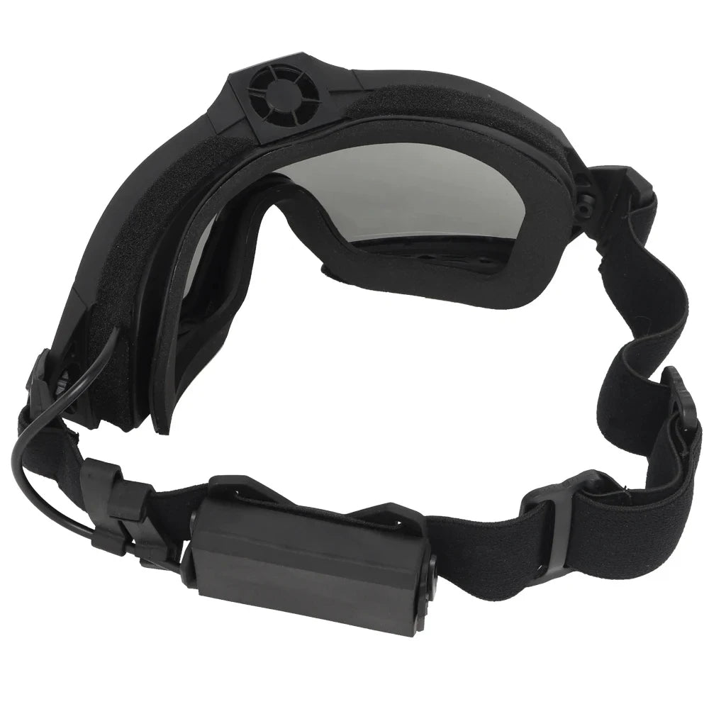 Black goggles with a strap on a white background