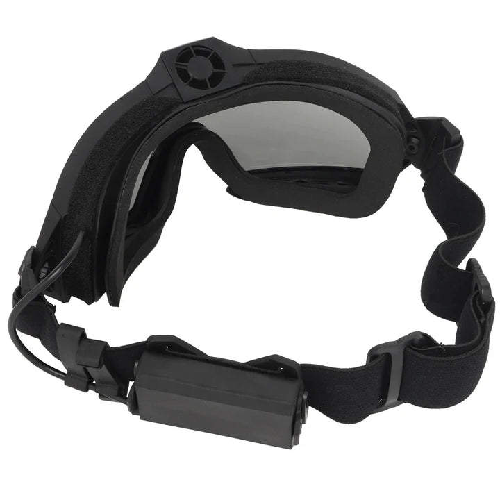 Black goggles with a strap on a white background