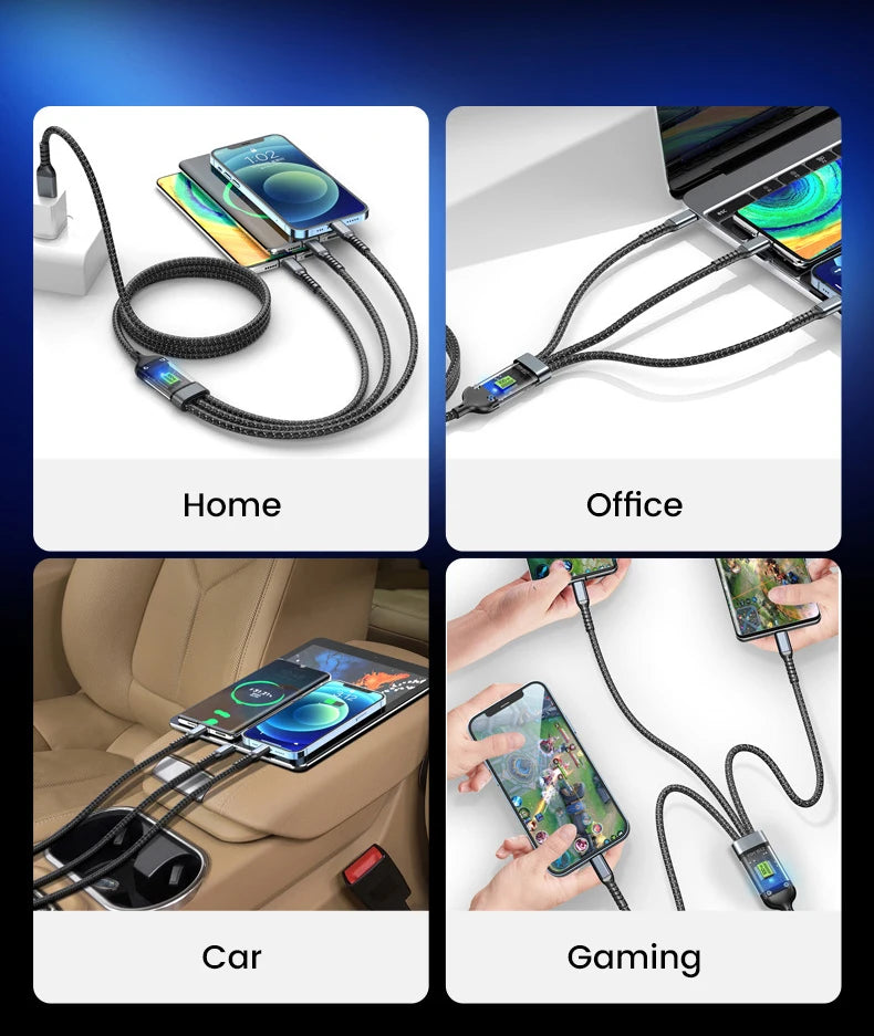 SmartGearPros SmartGearPros 3-in-1 100W Fast Charging Cable – USB C, Micro USB & Lightning with Transparent LED Chip for Samsung, iPhone, Huawei & More