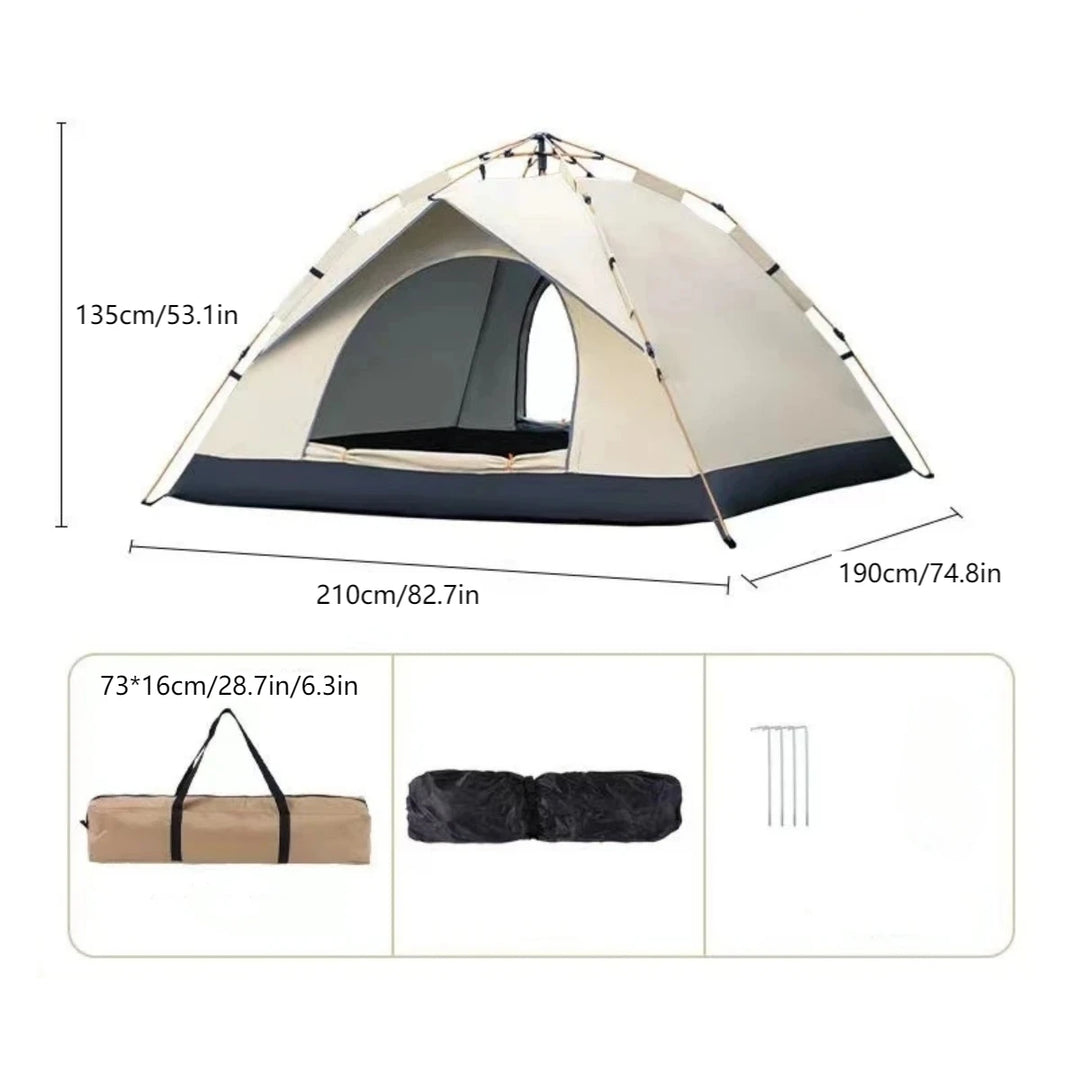 Camping tent with dimensions and storage bag on a white background