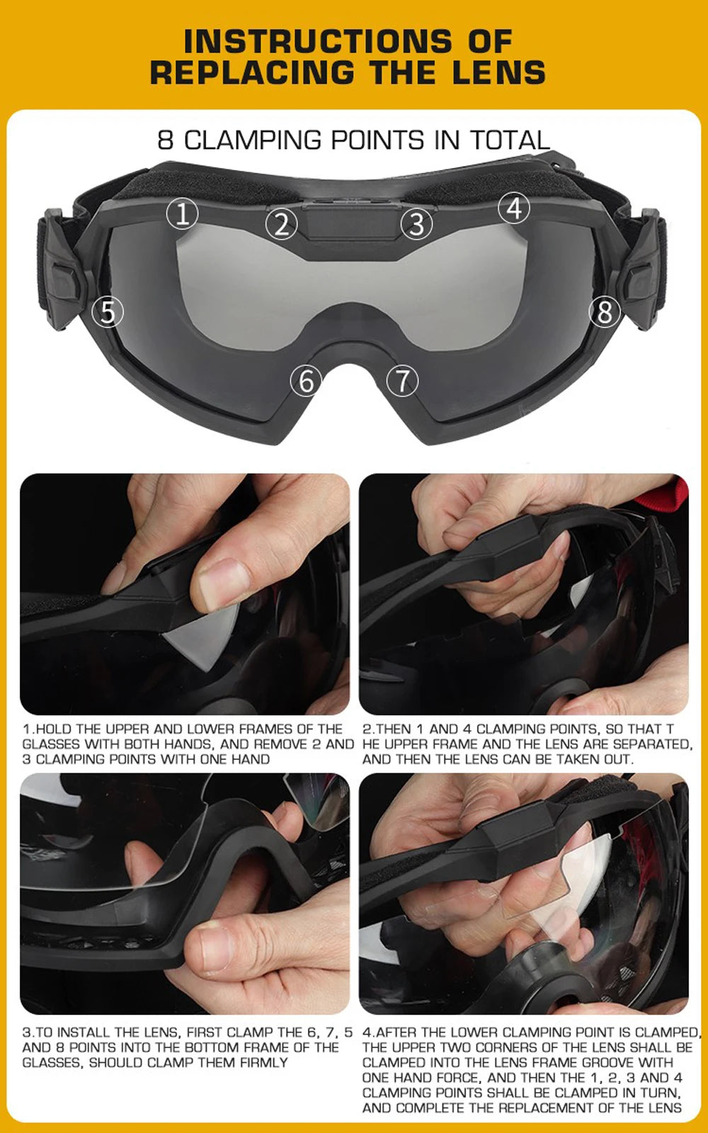 Instructions for replacing the lens on a pair of goggles with clamping points shown.