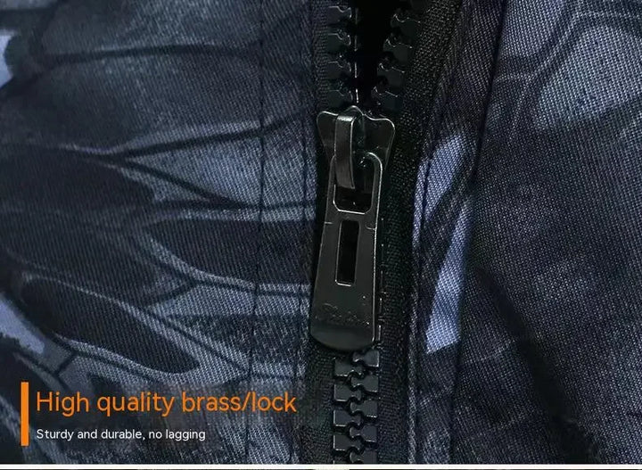 Close-up of a zipper on a camouflage-patterned fabric with text about high-quality brass lock.