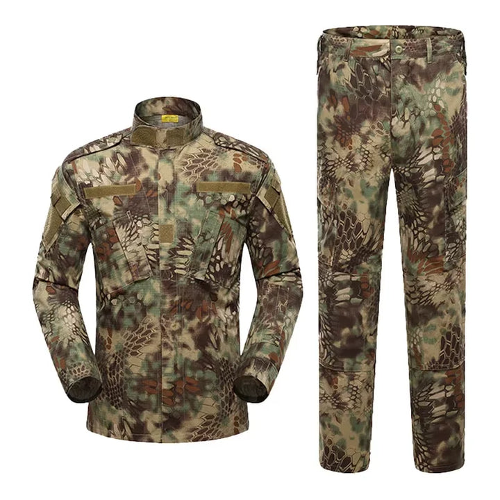 Camouflage military uniform with jacket and pants on a white background