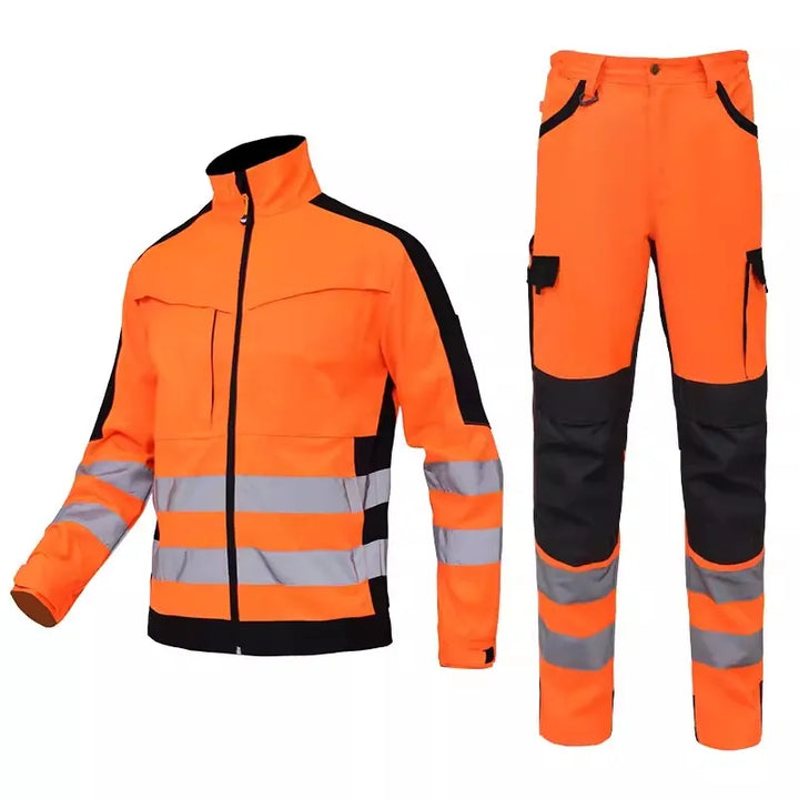Orange safety jacket and pants with reflective stripes on a white background