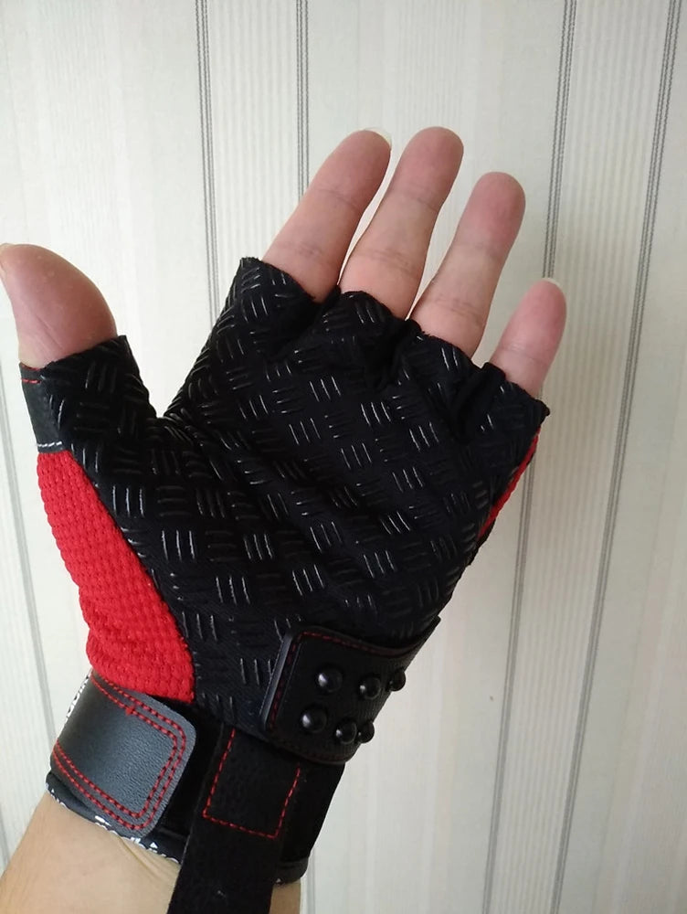 Black and red glove with textured design on a neutral background