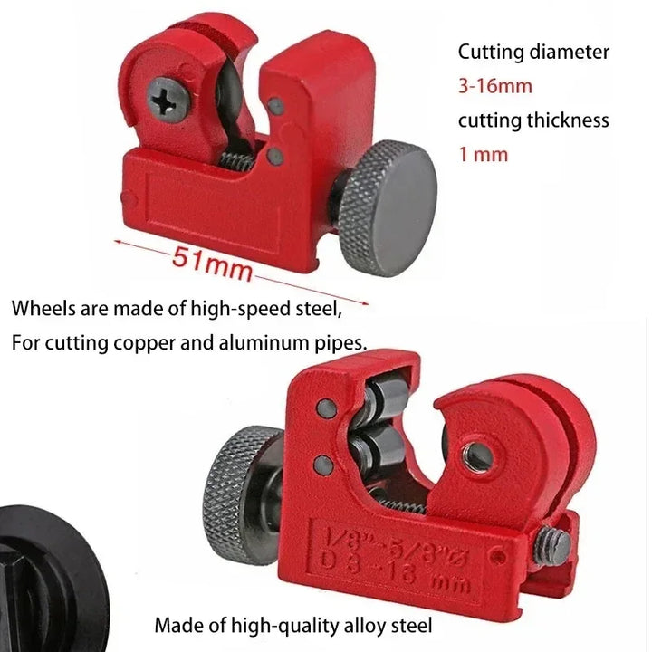 Red pipe cutter with specifications on a white background