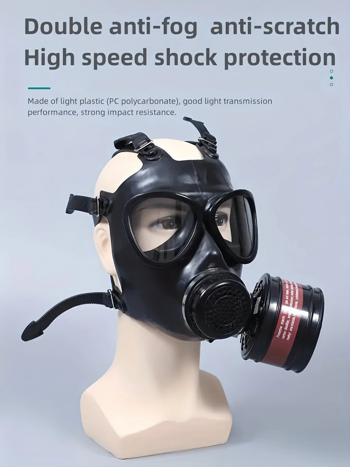 Black gas mask on a mannequin head with text highlighting features on a gray background