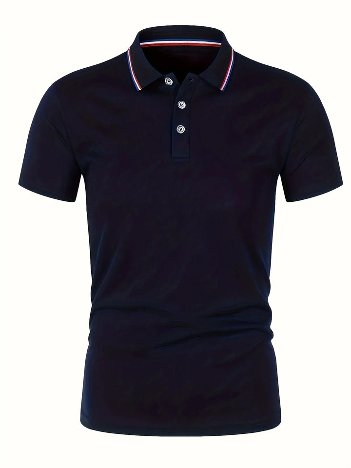 SmartGearPros Men's Polo Shirt - breathable polyester polo shirt with button collar in navy blue.
