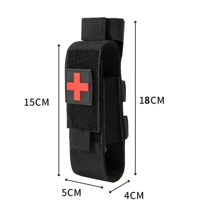 Black tactical first-aid kit with a red cross patch and measurements on a white background.