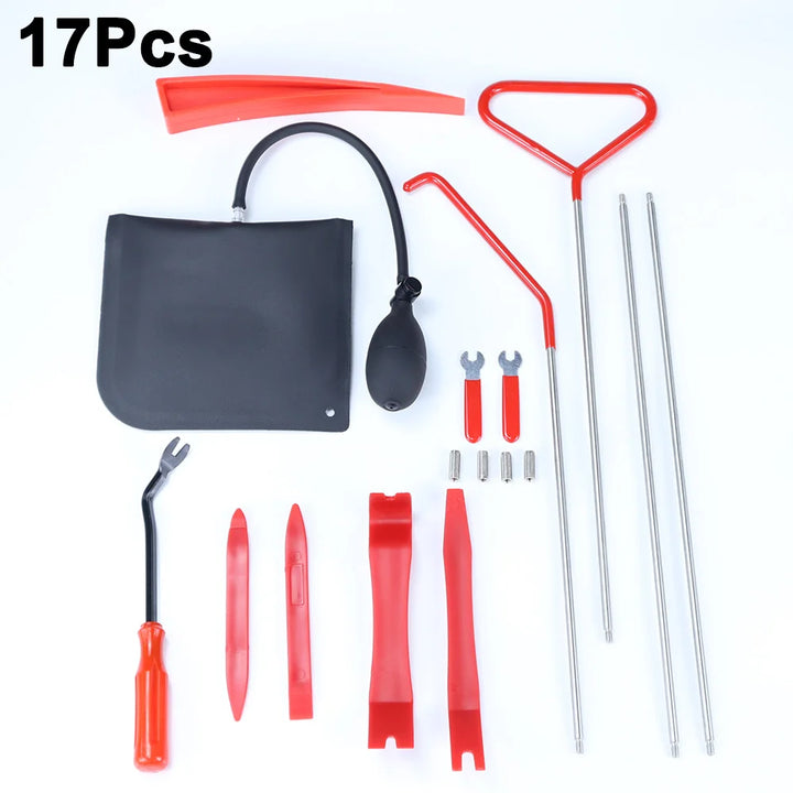 17-piece tool set with red and black tools on a white background