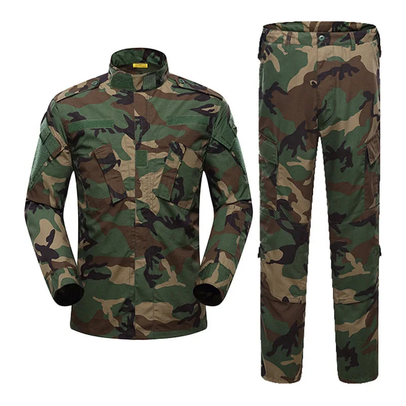 Camouflage jacket and pants set on a white background