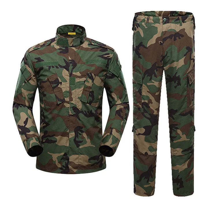 Camouflage jacket and pants set on a white background