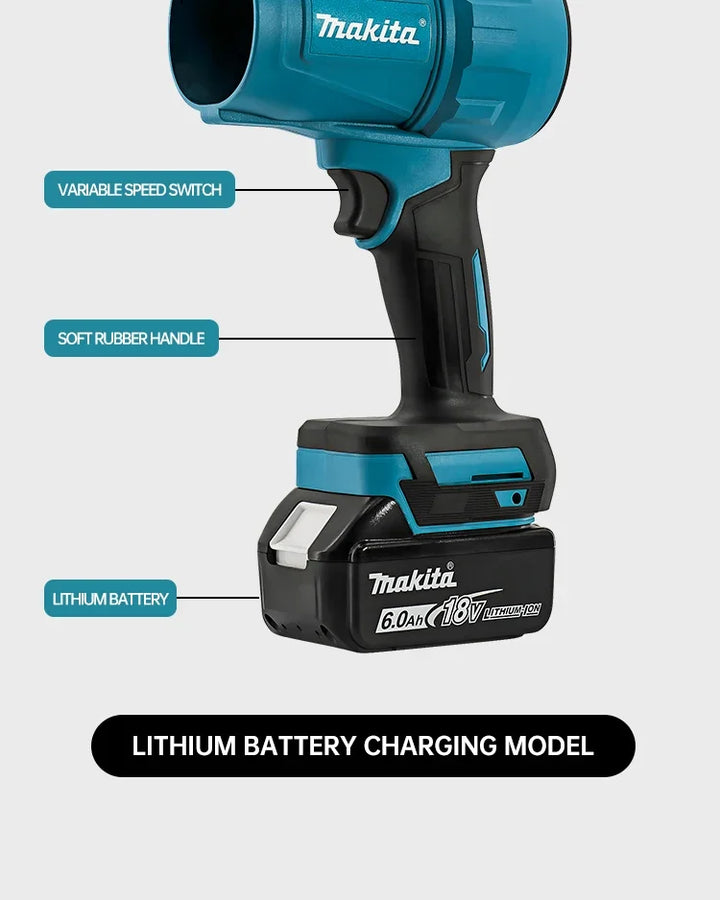 Makita cordless drill with labeled features on a white background