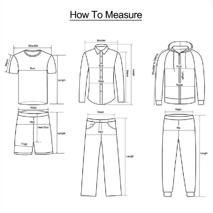 Diagram showing how to measure different parts of clothing on a white background
