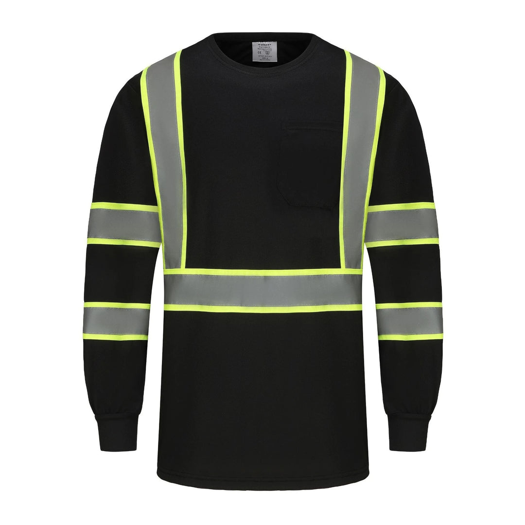 Black long-sleeve shirt with reflective yellow and gray stripes on a white background