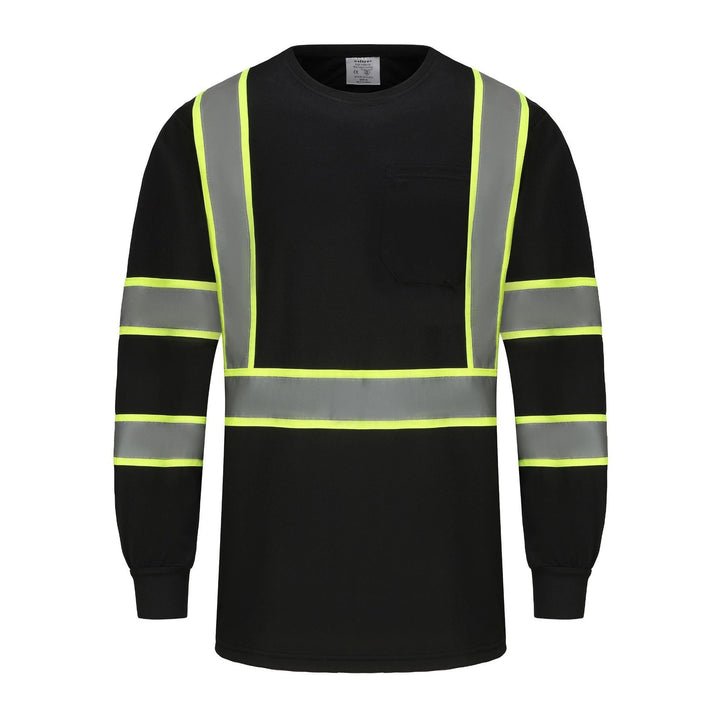 Black long-sleeve shirt with reflective yellow and gray stripes on a white background
