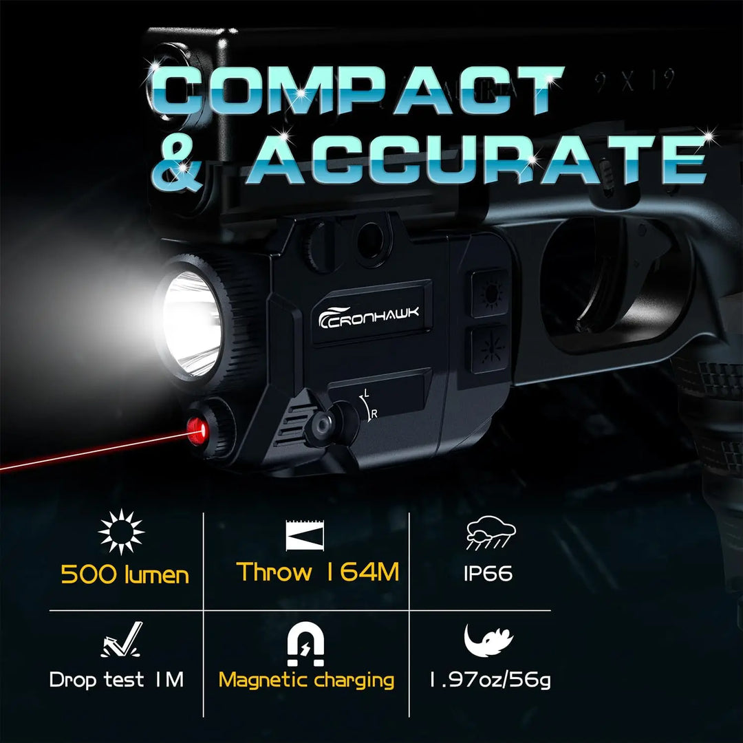 Weapon light with laser pointer and feature text on a dark background