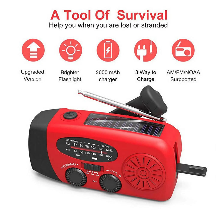 SmartGearPros Emergency Weather Radio - FM AM WB Hand Crank Solar USB Charging 2000mAh Power Bank LED Flashlight
