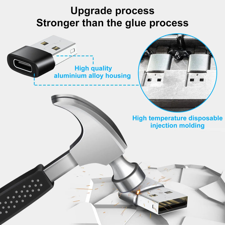 USB adapter with a hammer and text highlighting features like 'Stronger than the glue process' and 'High quality aluminium alloy housing'.