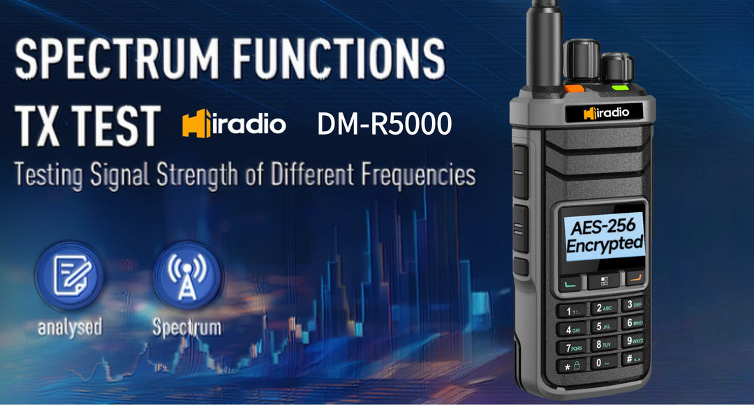 DM-R5000 radio device with text on spectrum functions and signal strength testing on a blue background.