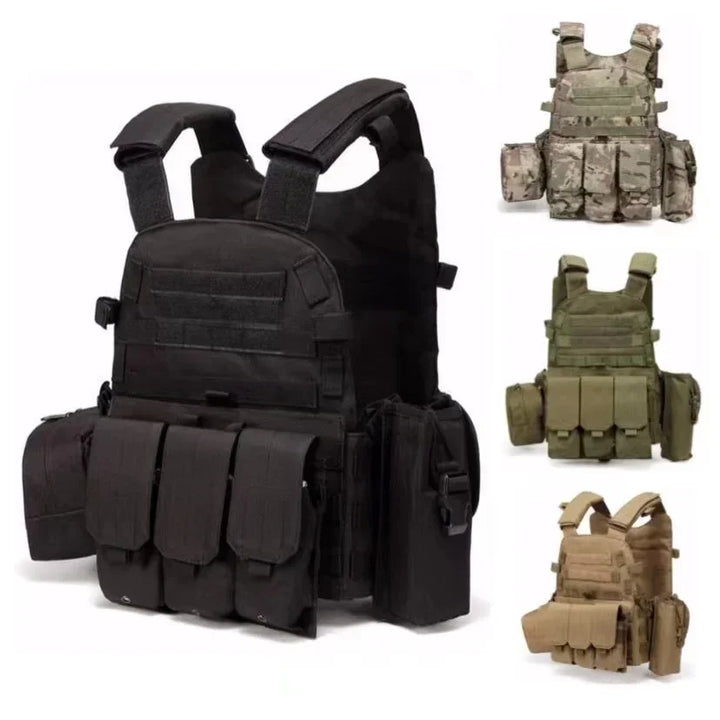 Black tactical vest with multiple pockets and straps, shown in different color options on a white background.