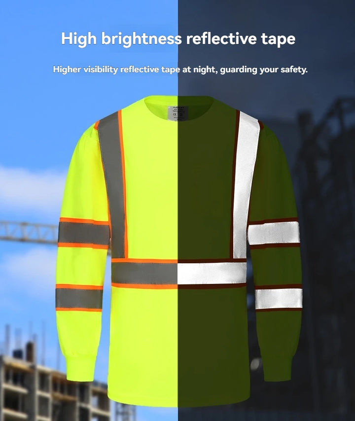 Two safety vests with reflective tape, one in bright yellow and the other in green, against a construction site background.