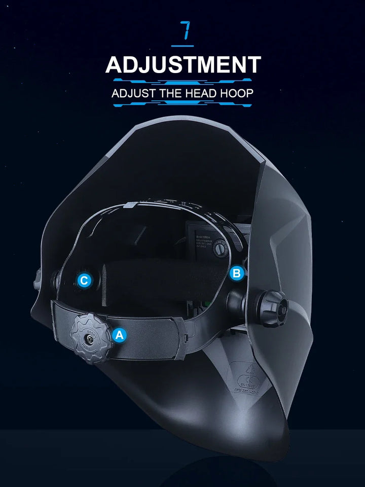 Interior of hood showing headgear and padding system