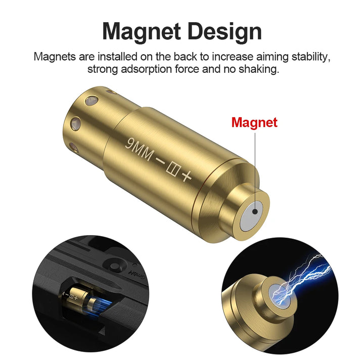 Gold cylindrical object with magnet design feature on a white background