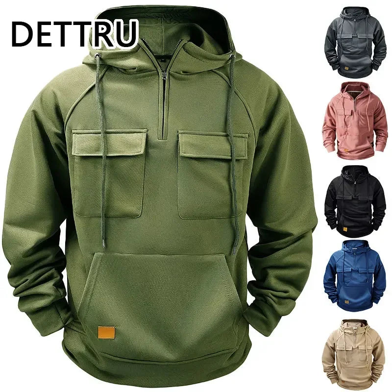 Main image of men's multi-pocket hoodie sweatshirt with modern design