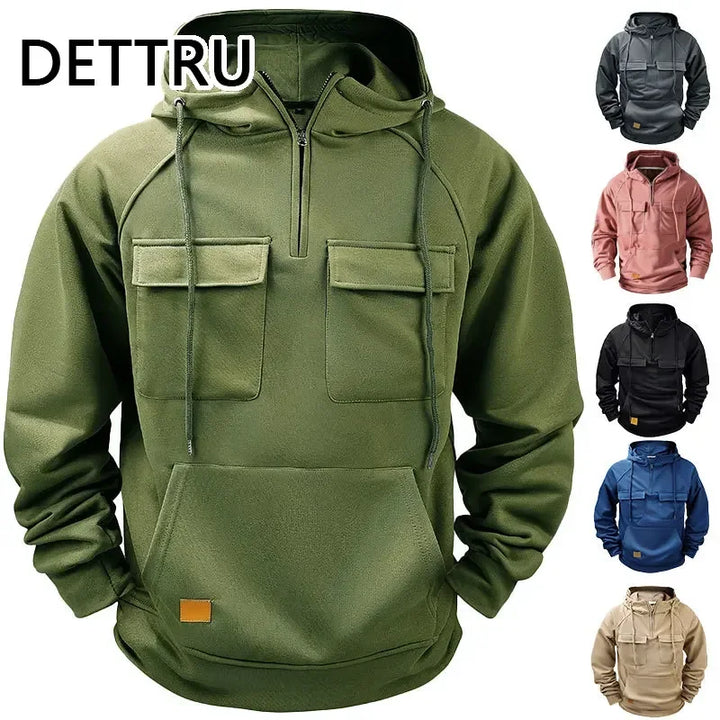 Main image of men's multi-pocket hoodie sweatshirt with modern design