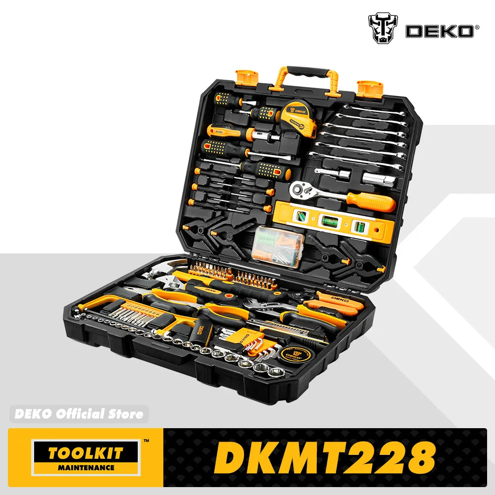 Open tool kit with various tools inside on a white background, featuring the DEKO brand.