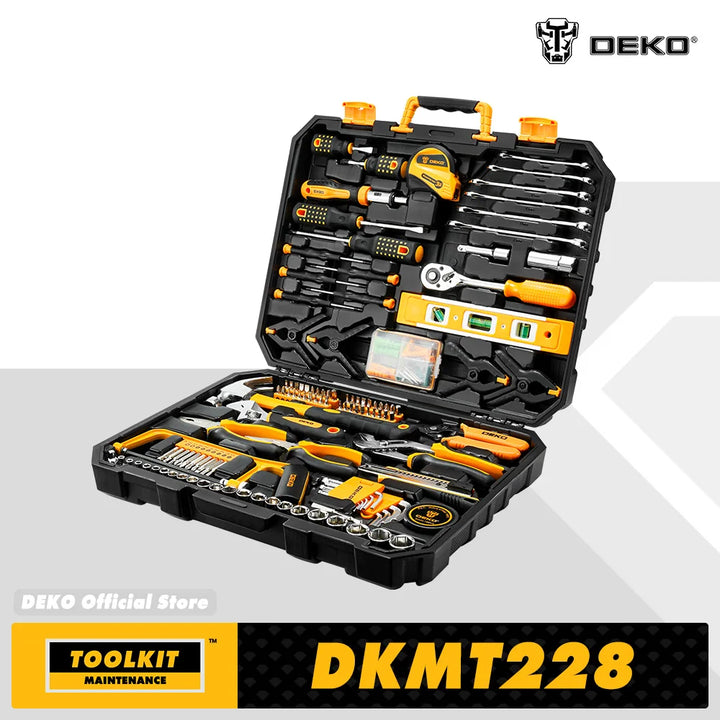 Open tool kit with various tools inside on a white background, featuring the DEKO brand.