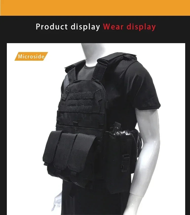 Black tactical vest on a mannequin with 'Microside' branding.