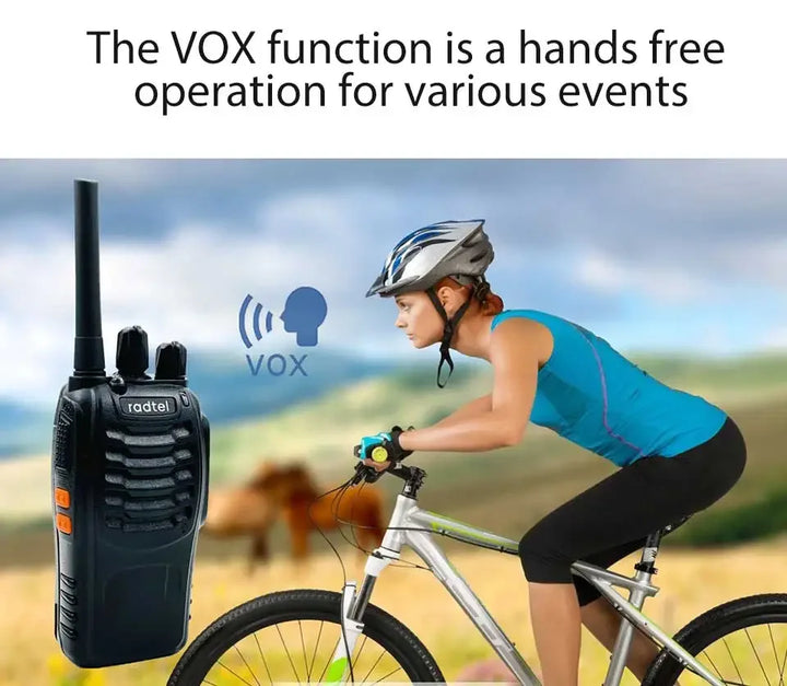 Woman riding a bike with a walkie-talkie and text about VOX function