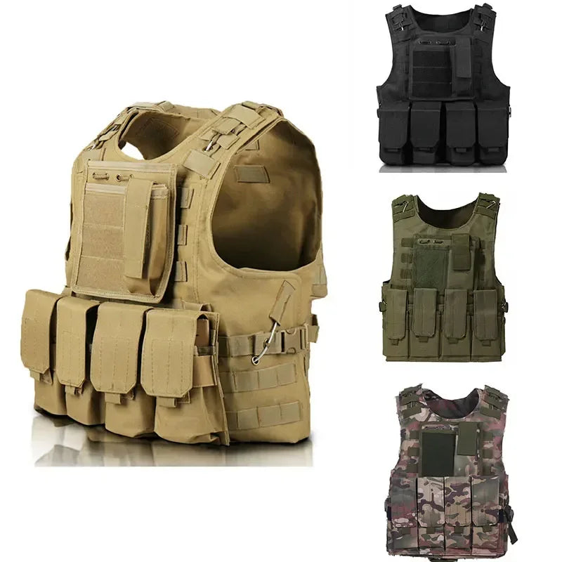 Four tactical vests in different colors on a white background