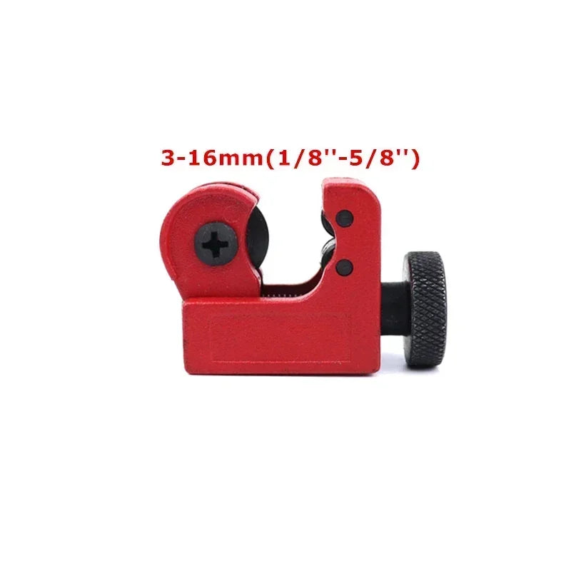 Red pipe cutter with size specifications on a white background