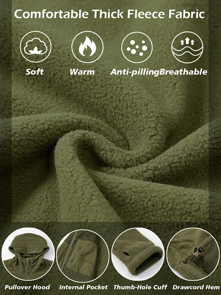 Green fleece fabric with features listed and product images below.